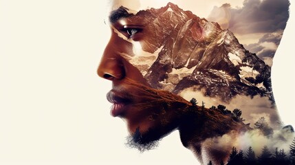 Naklejka premium Double exposure combines a woman's face, high mountains and forest. Panoramic view. The concept of the unity of nature and man. Dream, reminisce or plan a climb. Memory of a mountaineer. Illustration.