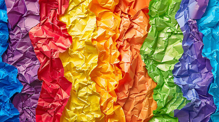 Closeup of a vibrant rainbow of crumpled paper