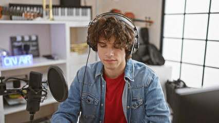 A young man with headphones focusing in a music studio interior.