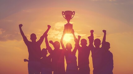 Happy worker team in office holding a golden trophy to celebrate succession of a big project with a sunset light effect background. Generative AI.