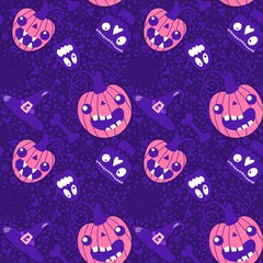 Cartoon Halloween pumpkins seamless ghost and skulls and bones and web and witch hat pattern