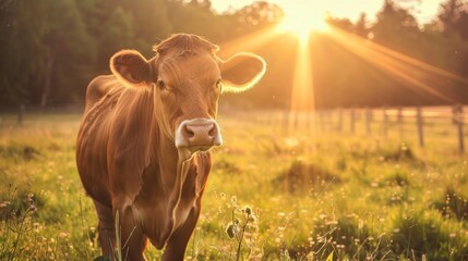 red cow in a meadow at dawn with the sun in the background in high resolution and high quality. CONCEPT ANIMALS,farm,meadow,flowers,sunrise - Powered by Adobe