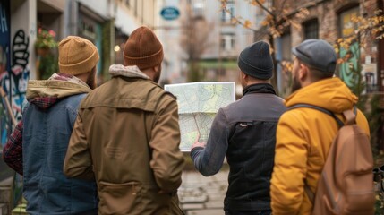 Group of men standing together, examining a detailed map during an urban planning meeting