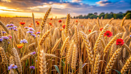 Close-up View of a Wheat Field at Sunset or Sunrise with Poppies and Purple Flowers - Beauty of Nature and Agriculture.