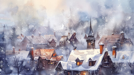 Serene Winter Landscape with Snow-Covered Rooftops at Dawn or Dusk - Calm and Solitude.