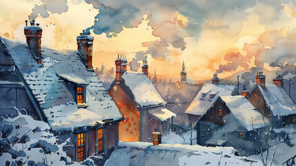 Watercolor Painting of a Snowy Village at Sunset or Sunrise - Cozy Winter Atmosphere.