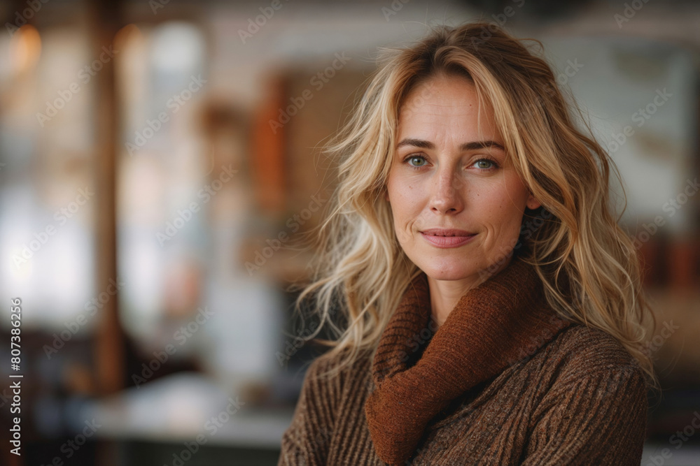 Wall mural Blonde middle-age woman in brown sweater in living room, portrait for advertising