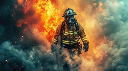 Skilled brave firefighter wearing safety gear and walking at place surrounded with smoke and prepare to put out fire. Portrait of energetic officer wearing protective cloth and survive in fire. AIG42.