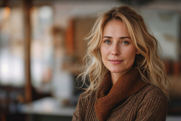Blonde middle-age woman in brown sweater in living room, portrait for advertising