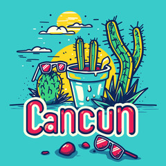 A colorful poster of a desert scene with a cactus and a potted plant. The word "Cancun" is written in red on the poster