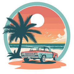 A car is parked on a beach near a palm tree. The car is red and has a license plate that reads "G-1". The scene is set at sunset, creating a warm and relaxing atmosphere