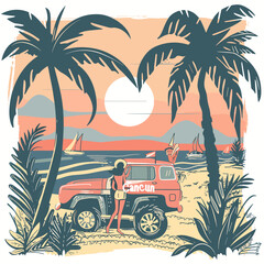 A woman is standing next to a red Jeep on a beach. The Jeep is parked near a palm tree