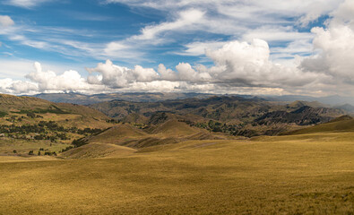 a yellow mountain range, distant forests, with a blue sky and clouds