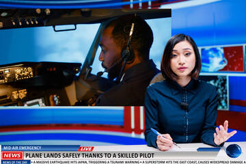Media reporter talks about pilot hero saving passenger on commercial flight by landing airplane safely in newsroom. Asian journalist working on daily headlines broadcasting, advertisement. © DC Studio