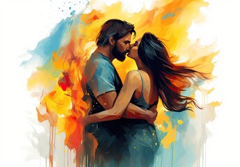 Passionate kiss between charming handsome lovers. Colorfull image of loving couple. Cropped close up profile. Digital art in the style of a painted picture. Illustration for cover, card or print. - obrazy, fototapety, plakaty