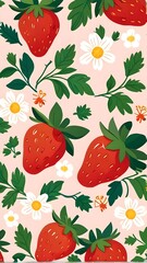 Clean and repeat seamless pattern of strawberries with floral ornaments, flowers and leaves in the background scene. Vector illustration. Generative AI