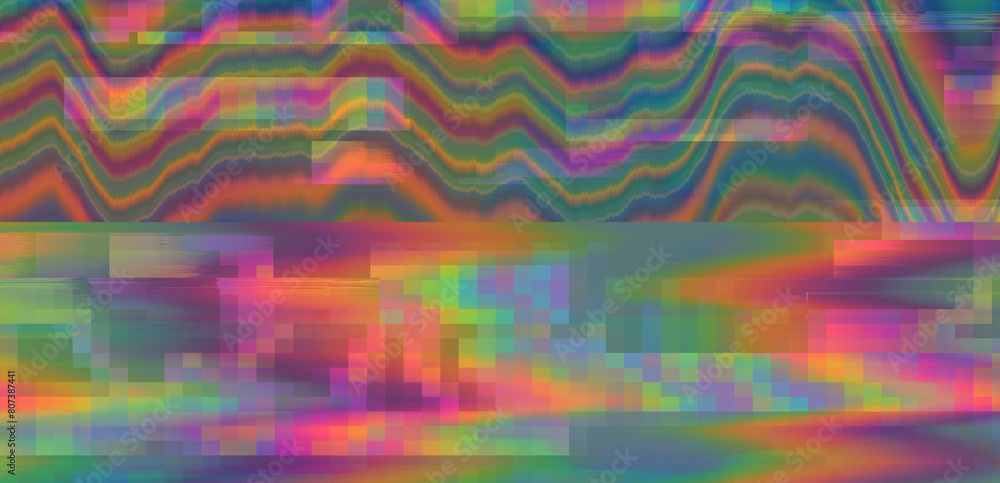 Poster background texture of retro cctv or vhs video with multicolored noise and horizontal lines.