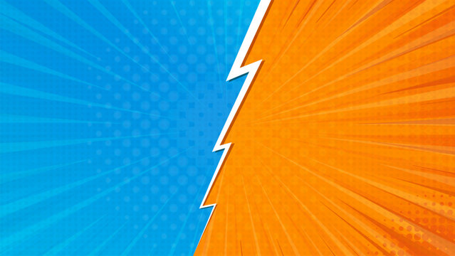 Pop art retro comic background. Abstract cartoon cover with versus lightning. Blue and orange vs frames for manga book. Vector EPS 10
