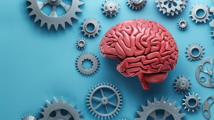 Human brain and gears on blue background