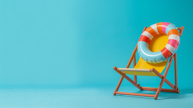 Vibrant summer-themed background featuring a yellow beach chair and a colorful swim ring against a bright blue backdrop, evoking feelings of leisure and vacation bliss