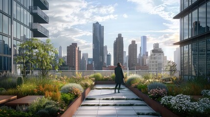 In the background a collection of high rise buildings looms over the peaceful rooftop garden. A person with back to the camera . .