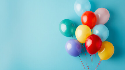 Colorful balloons on blue background with copy space