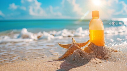 A clear bottle of water lying next to a vibrant orange starfish on a sandy beach by the shoreline. - obrazy, fototapety, plakaty