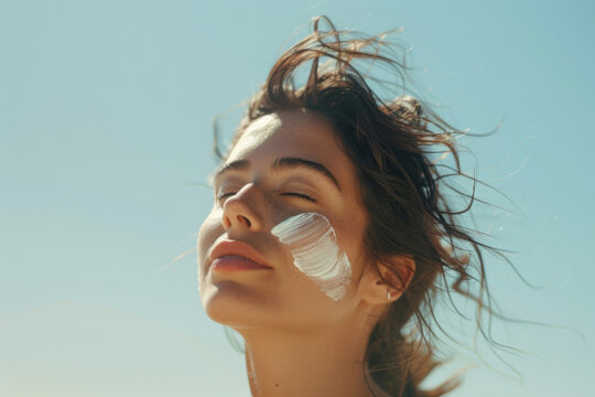 Young woman applies sunscreen on her face under blue sky, epitomizing health and beauty with spf sun cream for skin safety