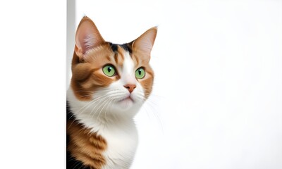 A cat with bright eyes peeking out from a white background