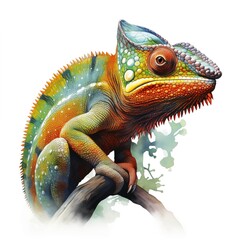 Fototapeta premium Chameleon. Tropical reptiles clipart. Watercolor illustration. Generative AI. Detailed illustration.