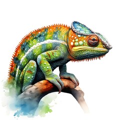 Fototapeta premium Chameleon. Tropical reptiles clipart. Watercolor illustration. Generative AI. Detailed illustration.