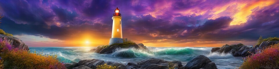 The silhouette of a lighthouse overlooks a tempestuous sea as the sun dips below the horizon, painting the evening with warm hues.