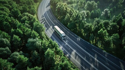 Large freight transporter semi truck driving on highway road moving through green forest with cargo semi trailer - Powered by Adobe