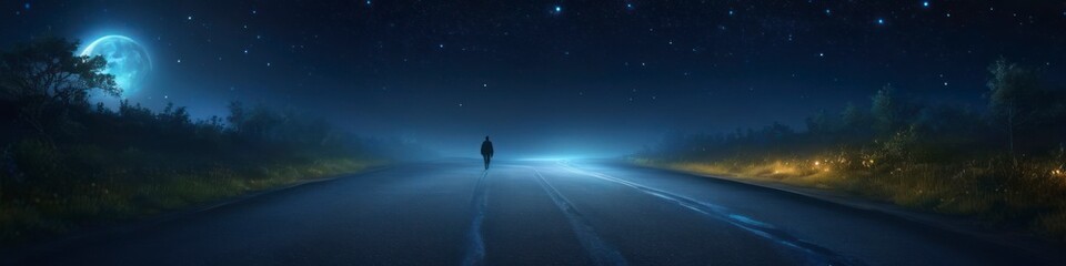 A mystical journey along a dark, desolate road, with only the distant headlights, the moon, and the stars to light the way.