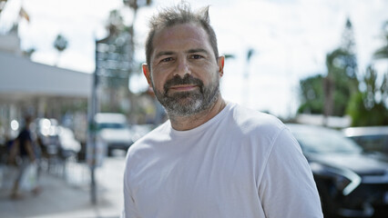 Naklejka premium Mature hispanic man with grey hair standing on a city street, radiating casual, rugged charm.