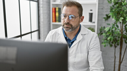 A mature hispanic man with grey hair, wearing glasses and a lab coat, works attentively at a computer in an indoor clinic setting.
