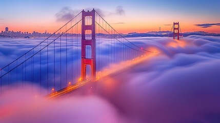 Golden Gate at dawn surrounded by fog