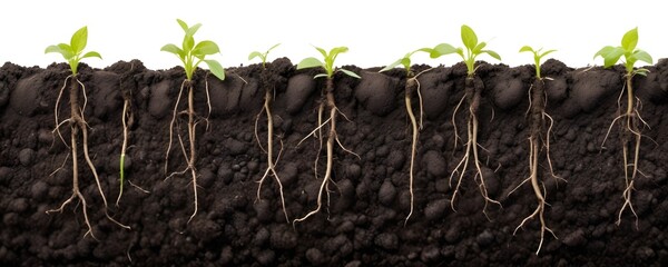 Soil with plant roots and young green seedlings emerging from the ground