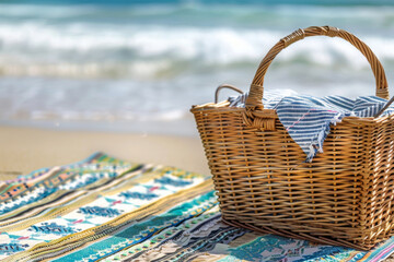Wicker picnic basket and a blue striped cloth atop a vibrant beach blanket with the ocean waves rolling in the background on a bright and breezy summer day