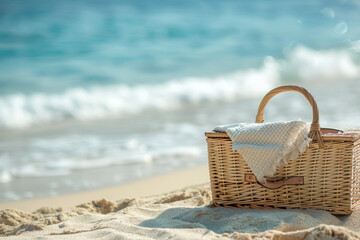 Wicker picnic basket with a blue and white checkered cloth cover sits on sandy beach, with gentle ocean waves and soft sunlight creating a tranquil seaside atmosphere