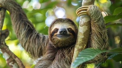 Fototapeta premium Cute sloth hanging on tree branch with funny face look, perfect portrait of wild animal in the Rainforest of Costa Rica scratching the belly, Bradypus variegatus, brown-throated three-toed sloth,
