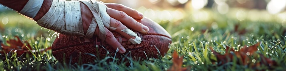 Early Morning Football Training: Close-up of a Player's Bandaged Hand Gripping the Ball on a Dewy Field