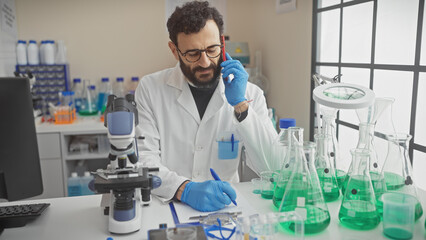 Middle-aged bearded man in labcoat taking notes in a laboratory while talking on the phone
