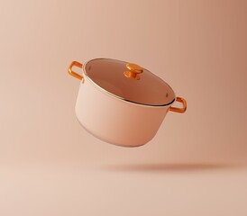 Monochrome Kitchen Cooking Pot floating . Isolated on delicate pastel peach pink background. Kitchen Cooking Recipe Concept. Minimal 3D rendering.