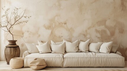 A white couch with pillows and a vase of flowers on a beige wall. The couch is long and the pillows...
