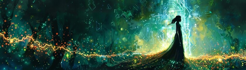 A sorceress conjuring a spell inside a circuit board forest, with abstract electric arcs and data streams in the background