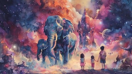 A vibrant illustration of a fantastical space zoo, where children and alien creatures interact with space elephants floating in zero gravity