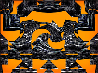 Abstract, orange geometrical shapes are juxtaposed with swirling black and white patterns, creating a dynamic and abstract composition, within a border