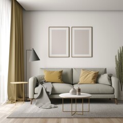 living room 2 x frame wallart mockup  Modern livingroom  with sofa , pillows,  cabinets lamp, and curtain. A bright clean room with plenty of space -