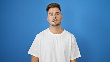 Handsome young hispanic man with beard posing in casual white t-shirt against a vibrant blue wall...